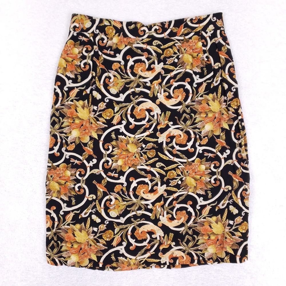 Vintage Platinum Dorothy Schoelen Skirt Womens 12 Black Baroque Bird Rayon‎ 90s